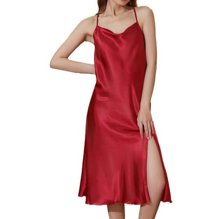 Defitshape Women s Silk Nightgown Midi Chemise Satin Sleep Dress Sleeveless Side Slit Pajama Dress Knee Length Criss Cross Open Back Sexy Sleepwear Nightie Lingerie Red Small