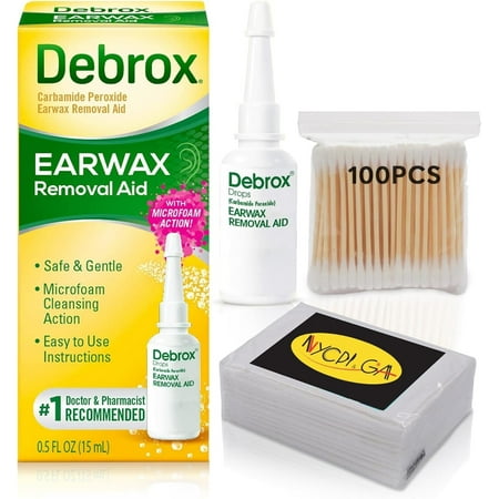 Debrox Earwax Removal Drops Featuring NYCPI Tissue Pack Bundle for Easy Cleanup (Drops 0.5 OZ + Q-tips)