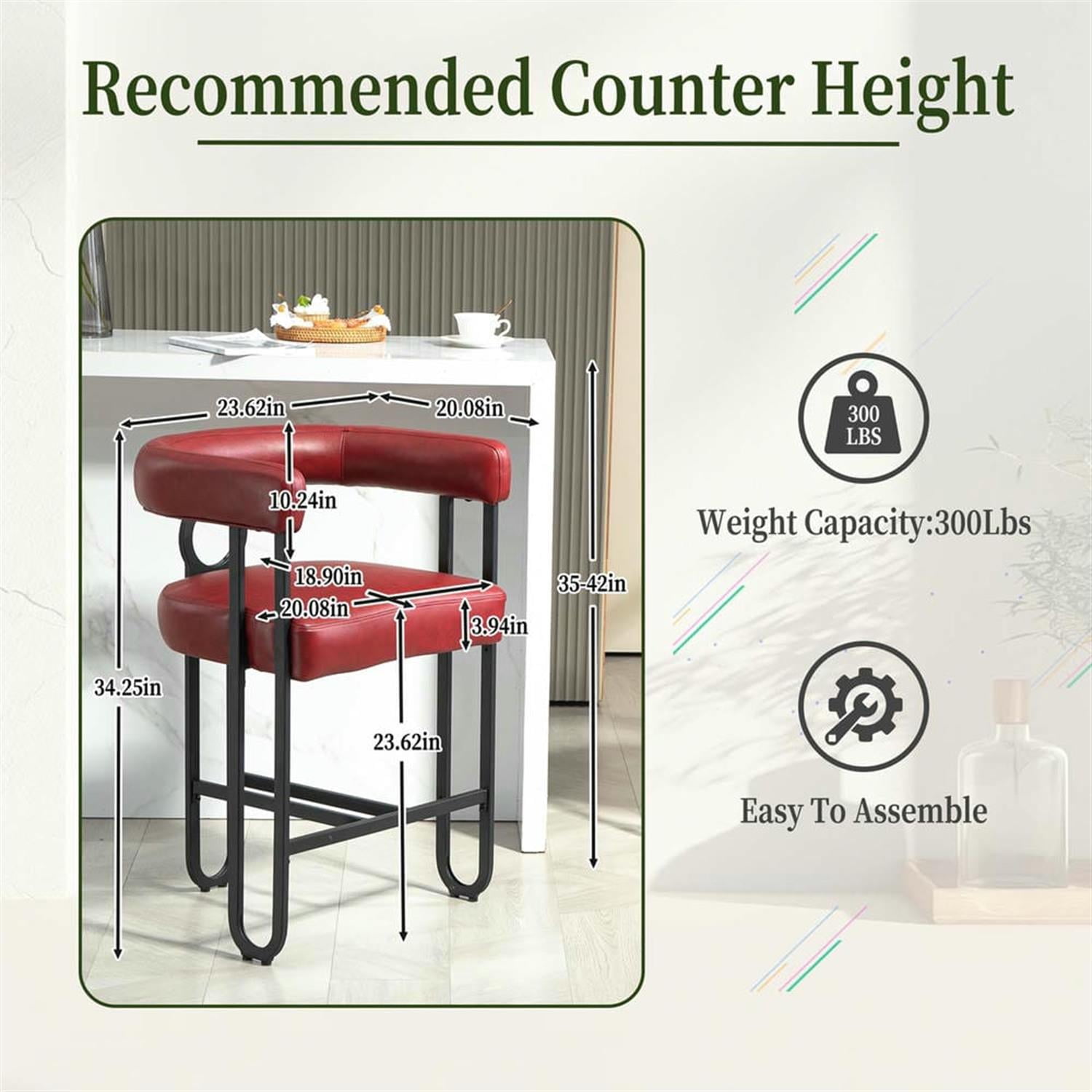 Demi Bonn 34" Counter Height Bar Stools Set of 2, Upholstered Barstools with Back, Kitchen Island Countertop Chairs for Dining Room, Red
