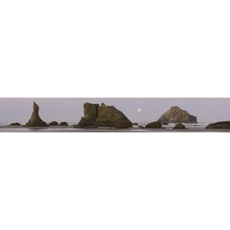Sea stacks and setting moon at dawn Bandon Beach Oregon USA Canvas Art - Panoramic Images (22 x