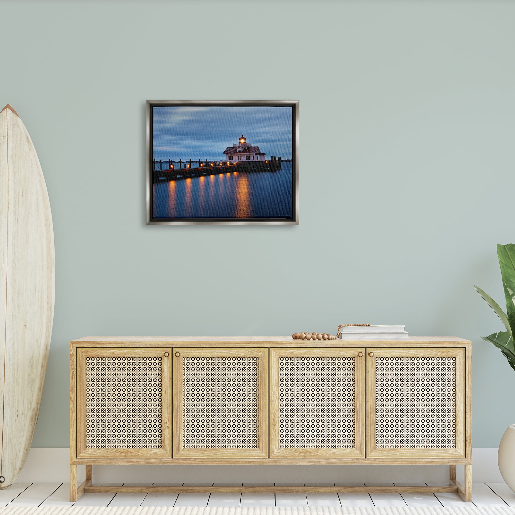 Stupell Calm Nighttime Bridge Coastal Lights Landscape Photography Gray Floater Framed Art Print Wall Art