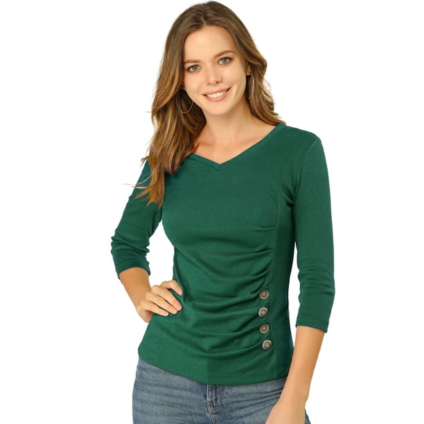 Top acanalado Allegra K decoración botones punto sólido mangas 3/4 cuello en V Verde XS