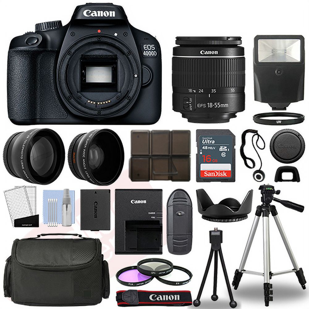 Canon EOS 4000D / Rebel T100 SLR Camera + 3 Lens Kit 18-55mm+ 16GB+ Flash & More - image 4 of 9