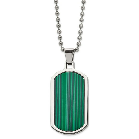 Auriga Fine Jewelry Stainless Steel Polished with Malachite Inlay Dogtag on a Ball Chain Necklace for Mens 22"