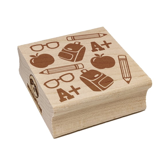 School Backpack Pencils Glasses Apple Square Rubber Stamp Stamping Scrapbooking Crafting - Medium 1.75in