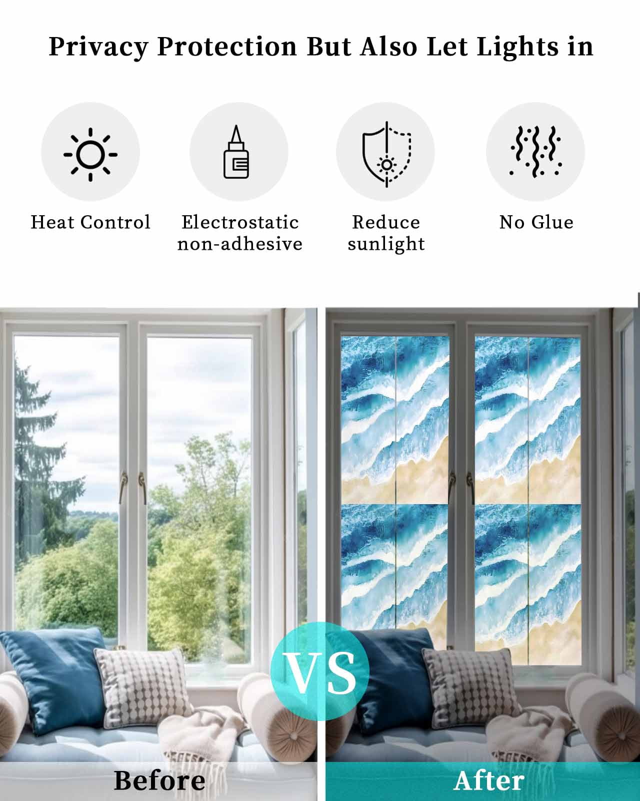 Window Privacy Film Blue Waves Coastal Stained Glass Window Film Decorative Sun Block Window Cover Summer Beach Nautical Ocean Window Clings Static Adhesive Sticker for Bathroom 23.6"x78.7"