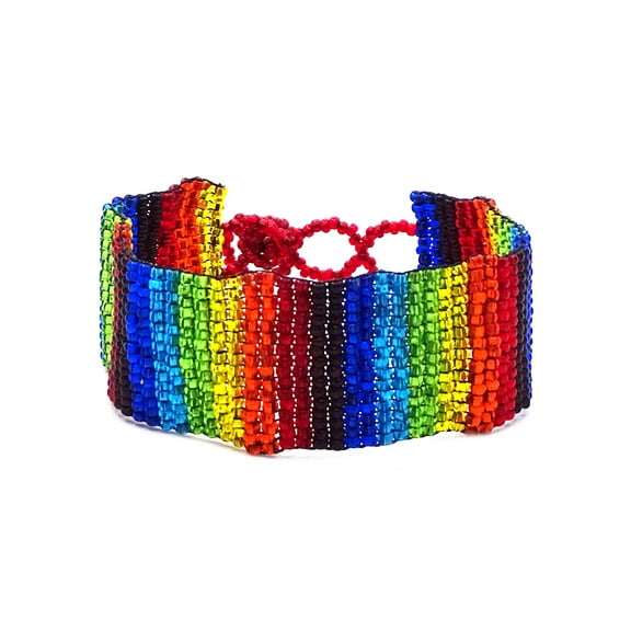 Rainbow Geometric Pattern Guatemalan Czech Glass Seed Beaded Wide Strap Bracelet - Womens Fashion Handmade Jewelry Boho Accessories