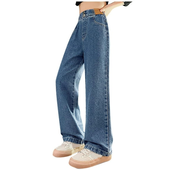 Efsteb Girls Wide Leg Jeans Baggy Elastic High Waist Denim Pants Vintage Y2k Streetwear Casual Comfy Pants (Blue,11 Years)