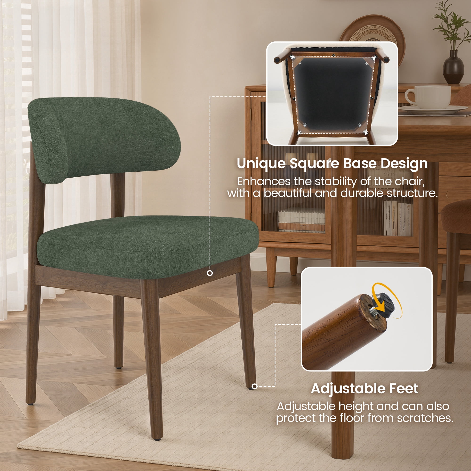 MOONMISS Dining Chair Set of 2,Upholstered Wooden Dining Chairs with Curved Back,Chenille Kitchen Side Chairs,Green