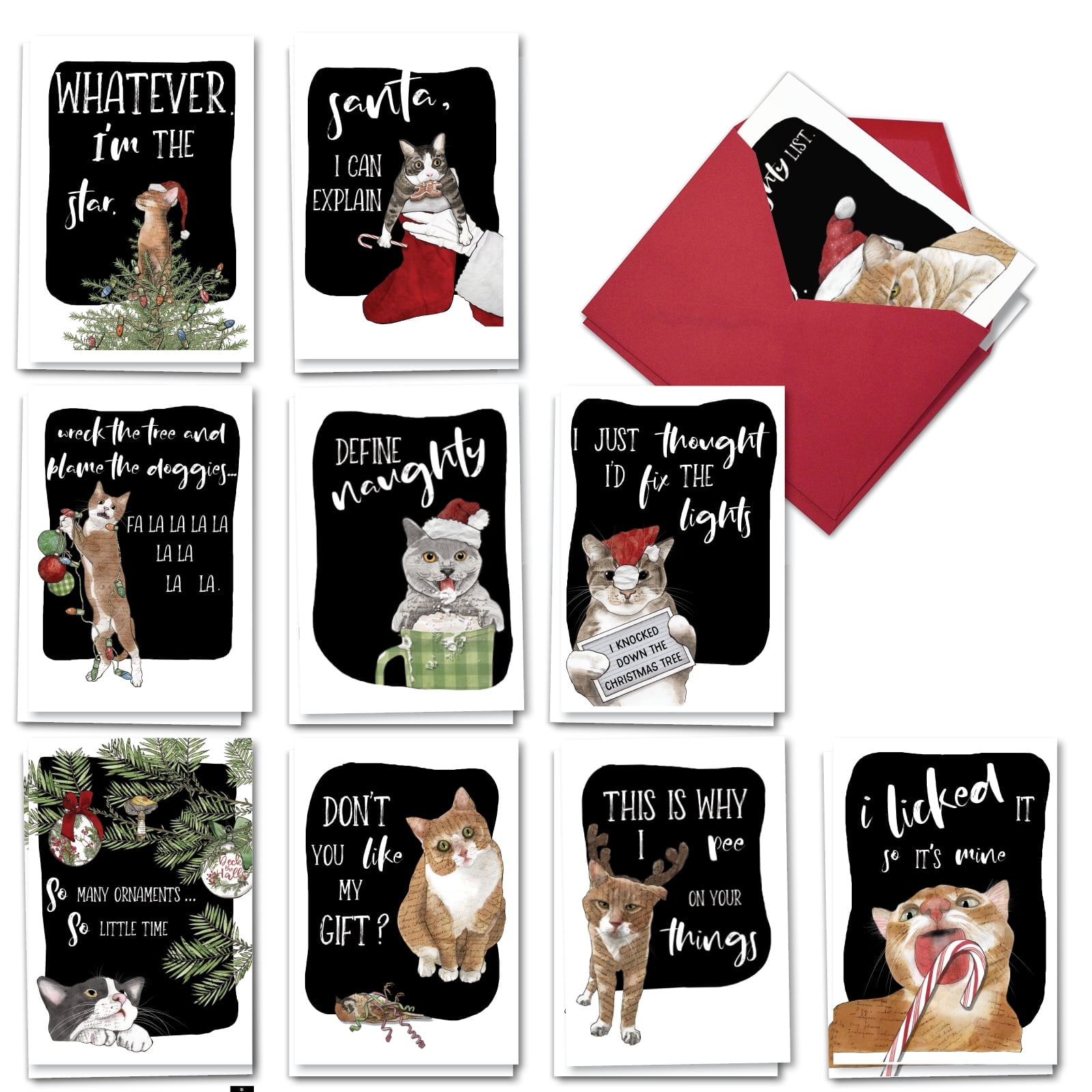 NobleWorks 20 Assorted set Funny Christmas Greeting Cards w/5 x 7 Inch Envelopes (10 Designs 2 Each) Holiday Cat Antics AC3459XSG-B2x10