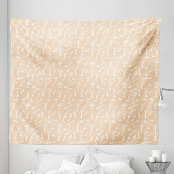 Peach and White Tapestry, Pattern with Silhouette Antique Keys with Various Form Ornaments, Fabric Wall Hanging Decor for Bedroom Living Room Dorm, 5 Sizes, Pale Peach and White, by Ambesonne