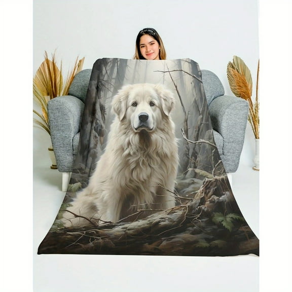 Great Pyrenees Dog Blanket Flannel All-Season Soft Hypoallergenic Throw & Bedspread Vintage Forest Print Design Machine Washable Cozy Gift for Dog Lovers Pet Blanket Hypoallergenic Material