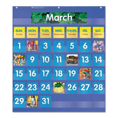 Denim Calendar Chart - Scholastic Monthly Calendar Pocket Chart, 25 1/2 x 10 x 0.13, Blue/Clear -SHS511479