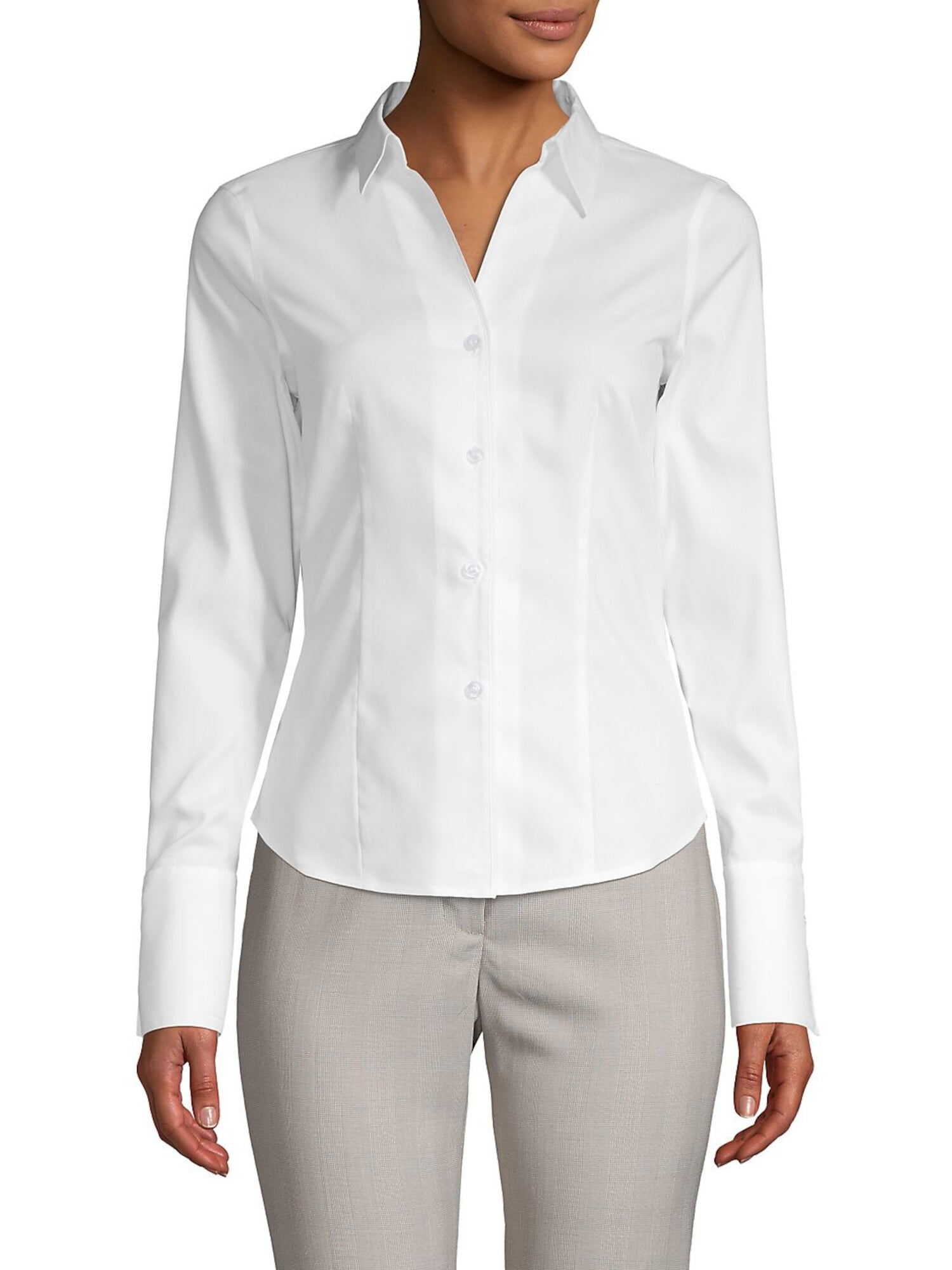 CALVIN KLEIN Womens White Long Sleeve Collared Button Up Top Petites 4P -  