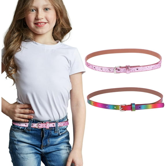 CoCoMangos 2 Pack Thin Belt for Girls, Girl's Glitter Belt Cute Shiny PU Leather Belt Adjustable Waist Belt for Jeans Dress