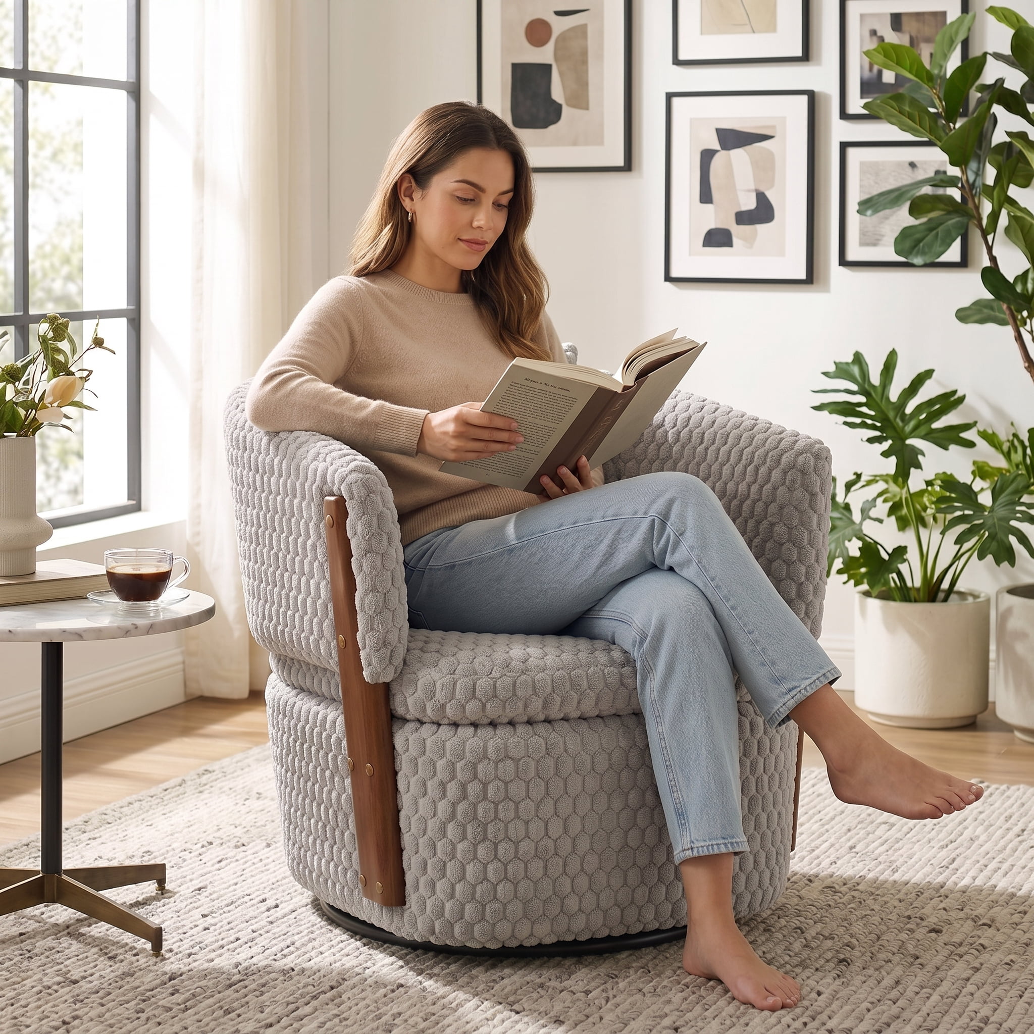 Aukfa Mid Century Modern 360 Swivel Accent Barrel Chair with Lumbar Pillow & Hidden Storage,Corduroy,Gray