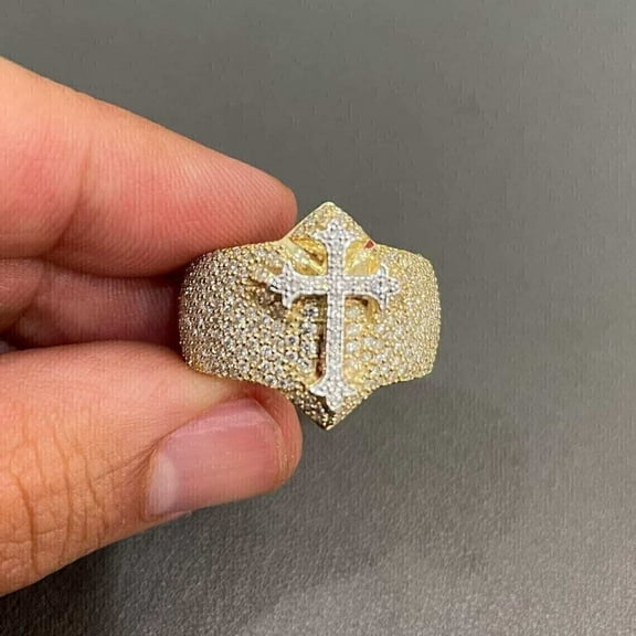 Valentine Special Gift 2Ct Round Cut Real Moissanite Men's Cross Engagement Ring 14K Yellow Gold Plated Silver