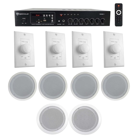 Rockville Amp (4) 8" (2) 6.5" White Commercial Ceiling Speakers Wall Controllers