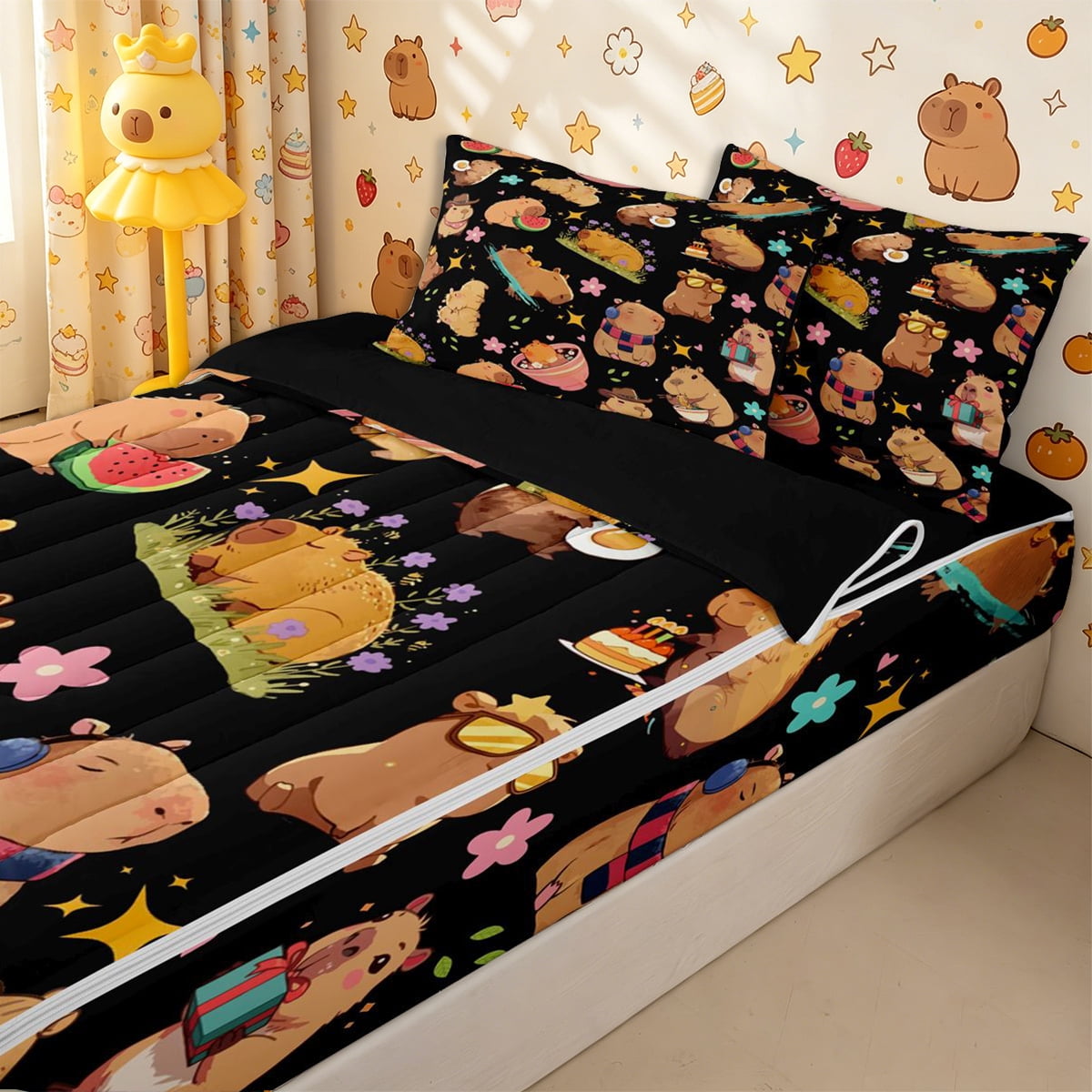 Homewish Cartoon Capybara Zipper Twin Comforter Sets with Fitted Sheet and 2 Pillowcases Kawaii Animal With Funny Food Zipper Bedding Set for Boys Girls 4-Piece Black Reversible