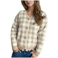 thumbnail image 2 of Aloohaidyvio Cardigan Sweaters for Women Lightweight Crew Neck Long Sleeve Outfits Fall Fashion Plaid Button Cardigan Khaki S, 2 of 6