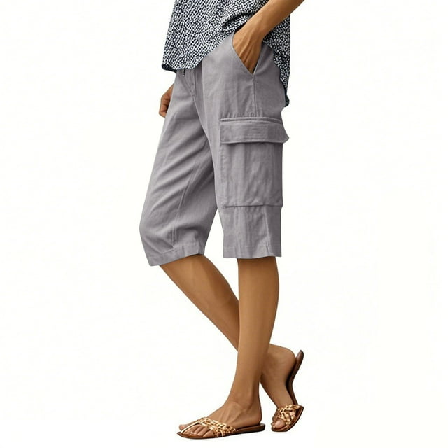 Mgmyaa Bermuda Cargo pour Femmes Longueur Genou Coton Lin Randonnée Shorts Taille Élastique à Cordon Été Décontracté Golf Voyage Extérieur Short avec Multiples Poches