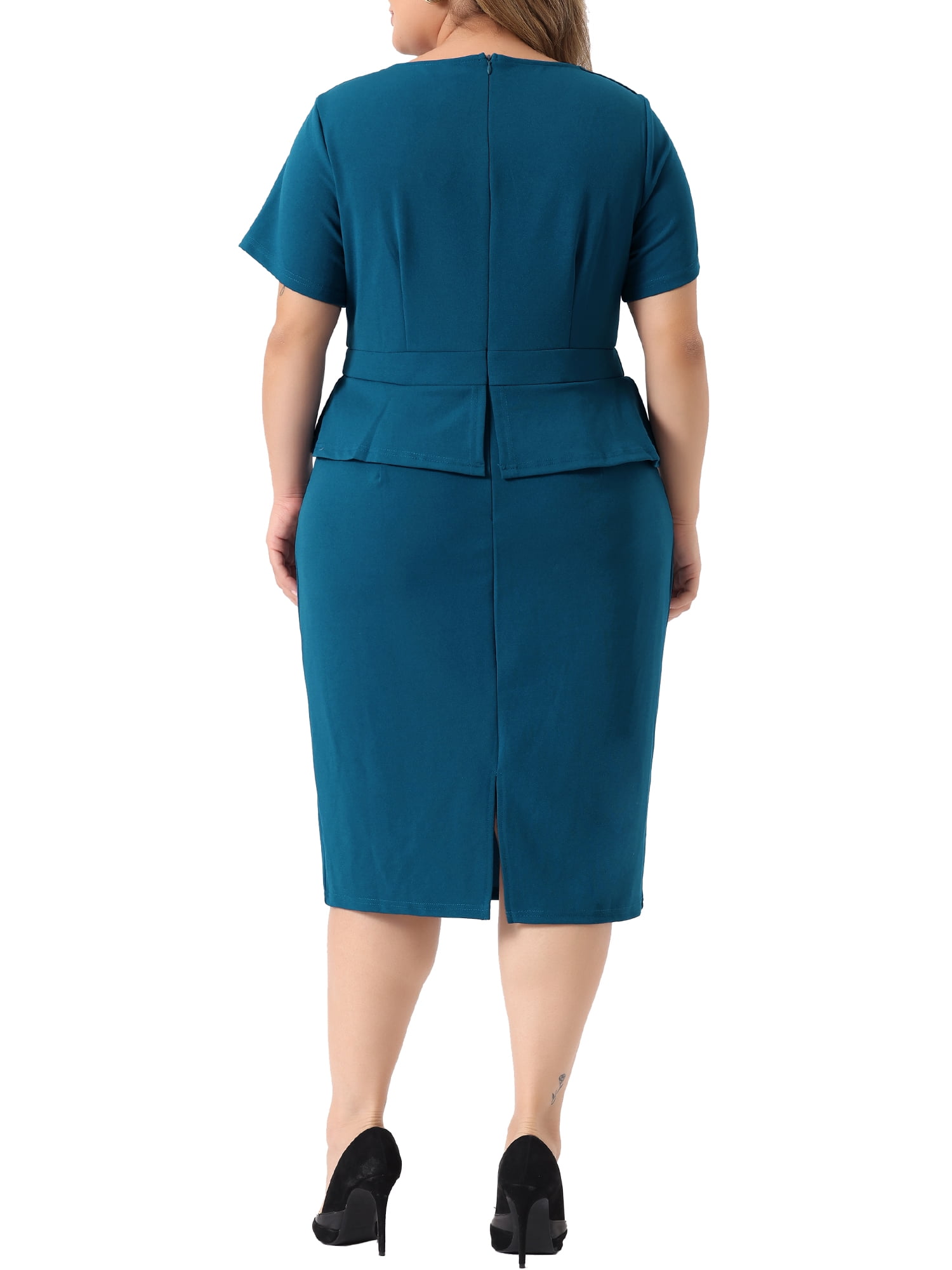 Unique Bargains Women's Plus Size Short Sleeve V Neck Work Bodycon Pencil Dresses 4X Lake Blue