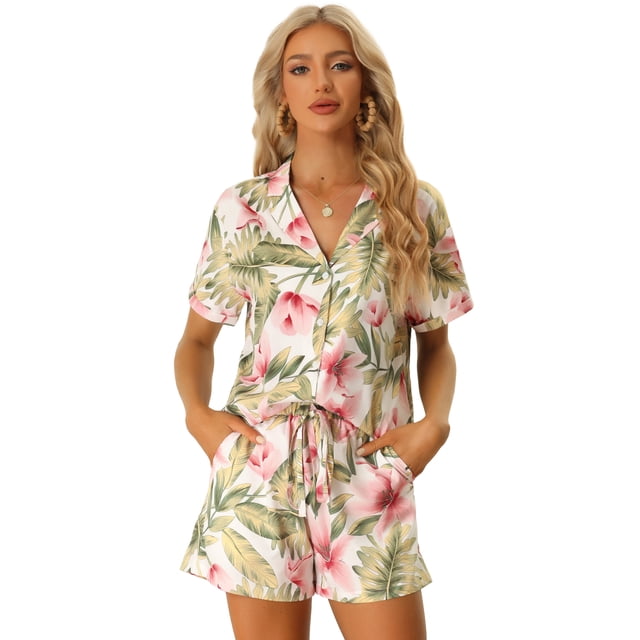 Conjunto de Camisa y Pantalones Cortos Allegra K Hawaianos 2023 Verano Blanco XS
