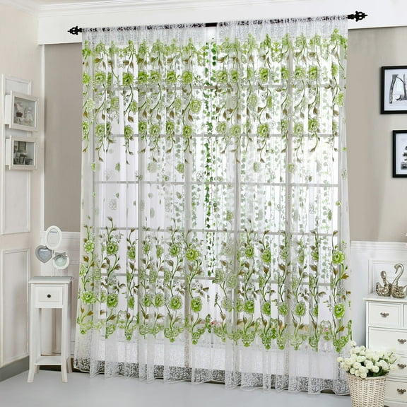 Clearance!FNGZ Curtain Peony Sheer Curtain Tulle Window Treatment Voile Drape Valance 1 Panel Fabric Green