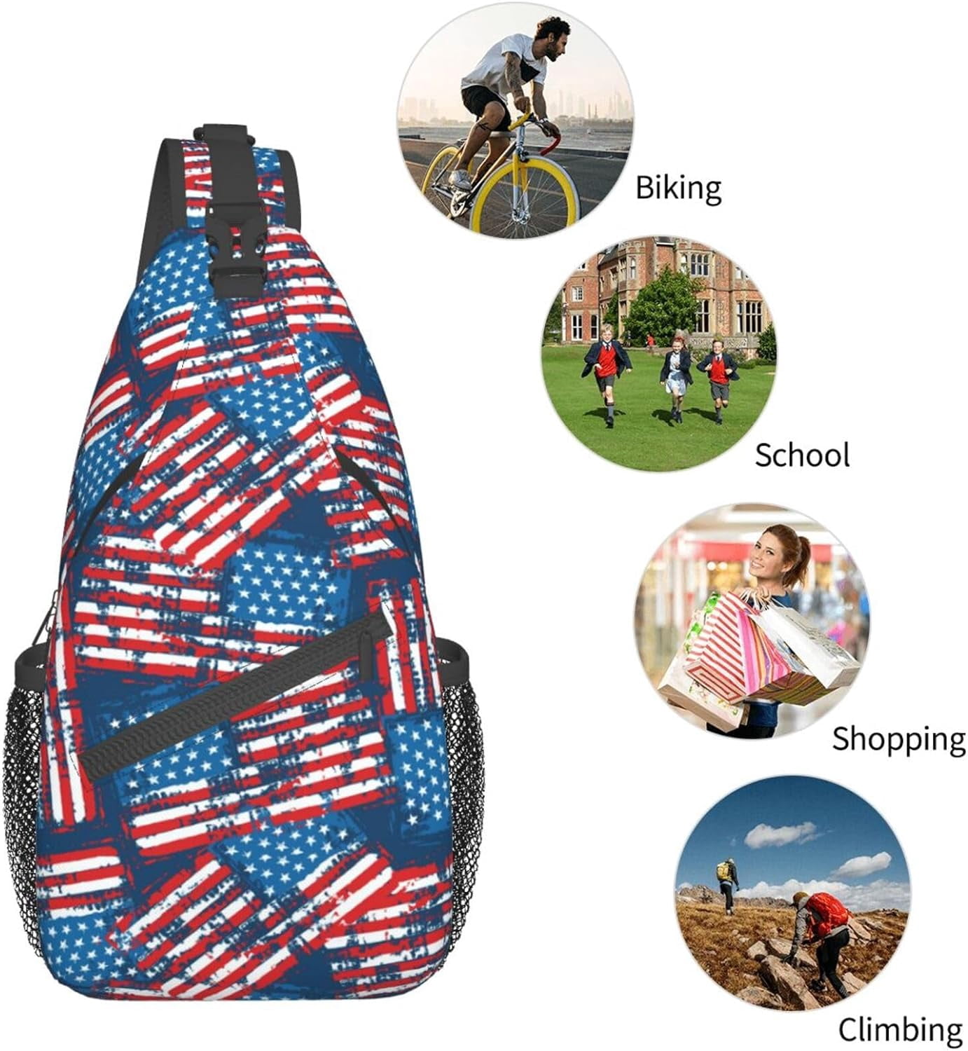 4th of July Independence Day American Flag Print Sling Bag Crossbody Hiking Travel Chest Bags Backpack Shoulder Daypack for Women Men