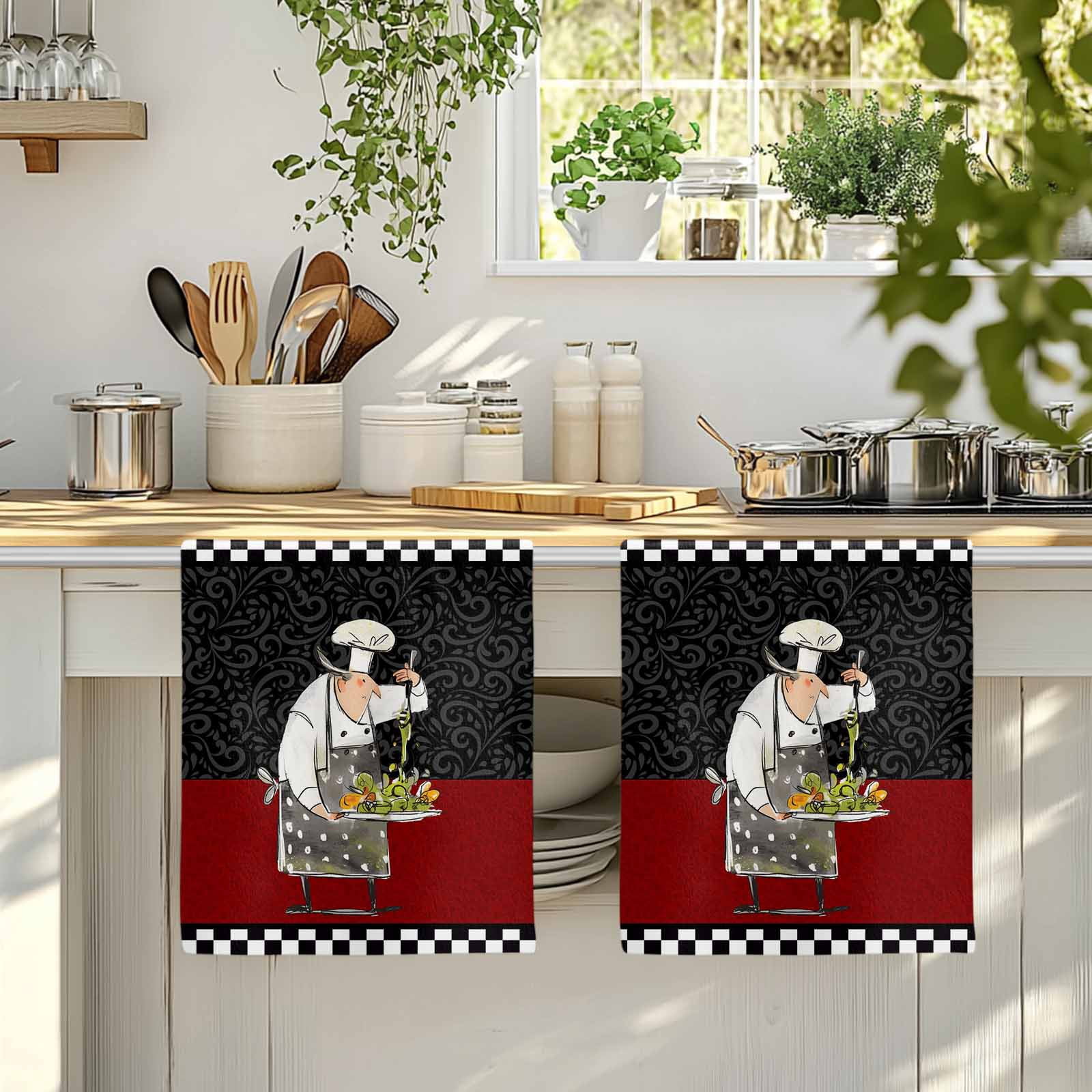 Dish Towels, Cooks Kitchens Absorbent Kitchen Towels 2 PCS, Funny Chef Black Buffalo Plaid Microfiber Hand Towels Dish Cloths Tea Towels for Home&nbsp;Bathroom Cleaning Drying,18X28-Inch,
