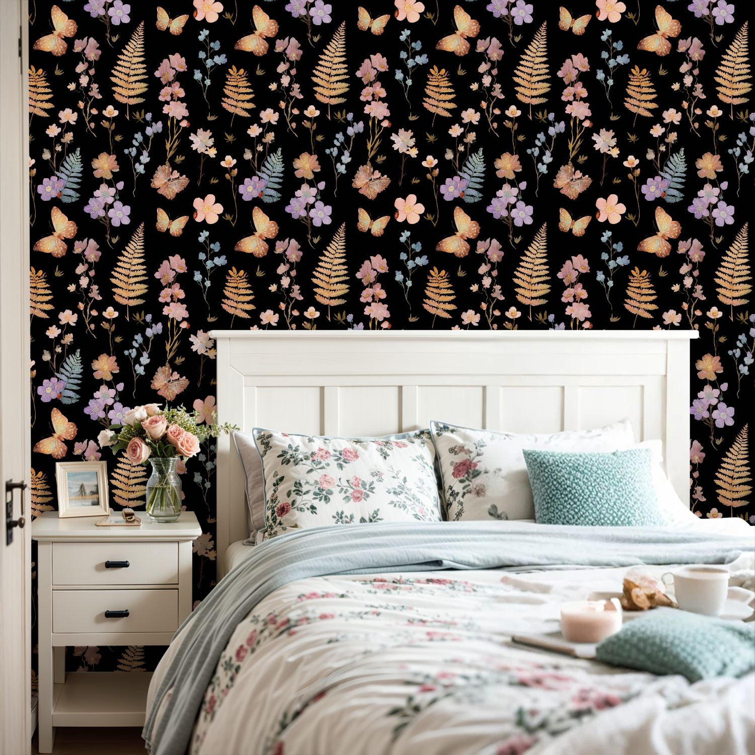 Peel and Stick Wallpaper Watercolor Floral Butterfly Black 17.7in x 118in Contact Paper Removable Self Adhesive Wall Mural Wall Decor for Bedroom Kitchen Cabinets