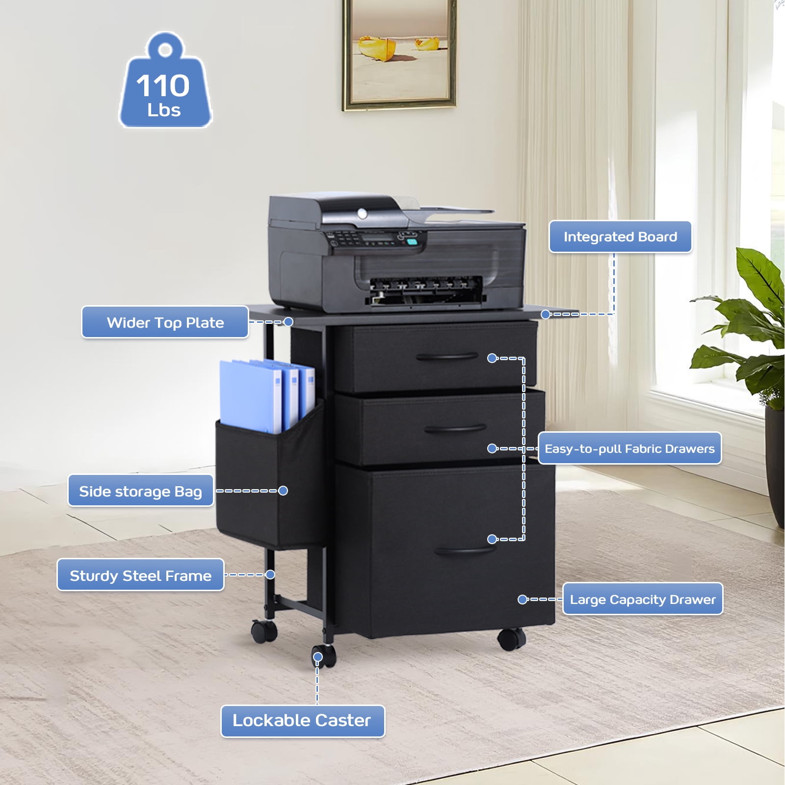 KATHY&BOB Printer Stand with 3 Fabric Drawers, Mobile File Cabinet, Desk Table Cabinet Fits A4 Letter Size, Home Office Furniture, Black