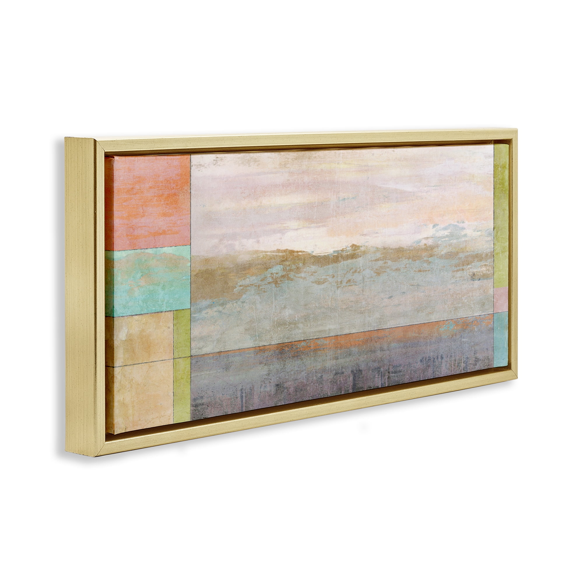 Stupell Industries Landscape & Geometric Border Landscape Painting Gold Floater Framed Canvas Art Print Wall Art, 31 x 14