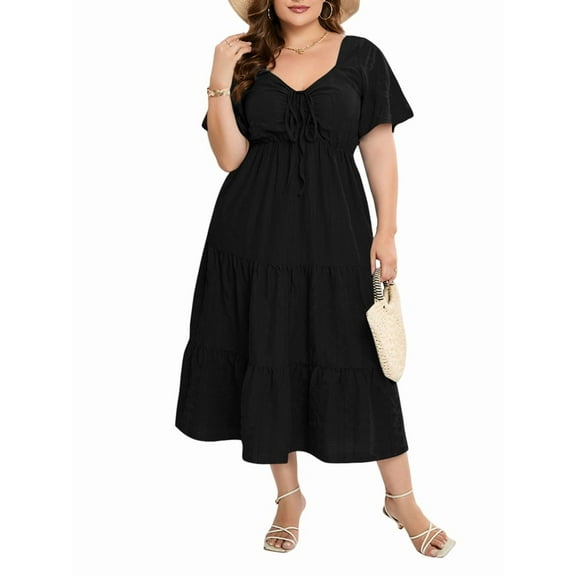 Womens Plus Size Summer 2025 Midi Maxi Dresses Short Sleeve Sweetheart Neck Elastic Waist Boho Beach Dress Black XXL
