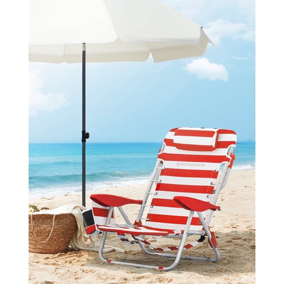 Heavy-Duty Portable Folding Chair with Adjustable Backrest, Headrest, Armrest, 2 Side Pockets, 331 lb Capacity, Carry as Backpack, Red and White