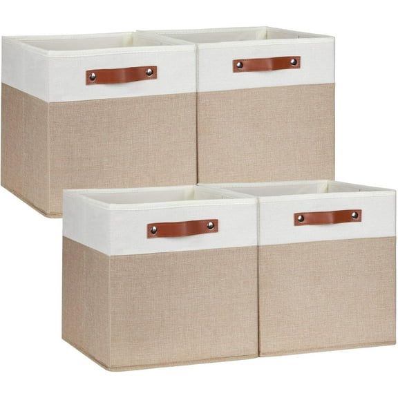 Cube Storage Bins,13 x 13 x 13 inch Fabric Storage Cubes for Organizing,Collapsible foldable Linen Canvas Closet Storage Bins for Shelves Closet Bedroom Toys Home Office(White&Khaki-4 Pack)