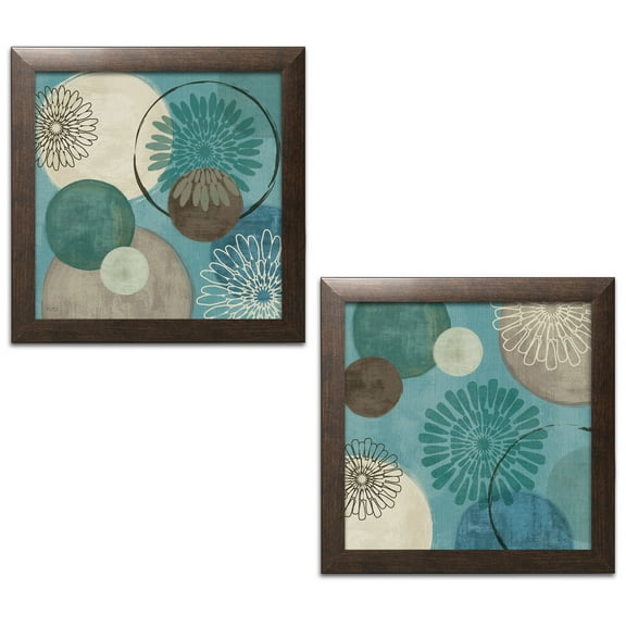 Gango Home Decor Abstract Circle Patterned Wall Art ; Two Blue 12x12in Art Prints in Brown Frames