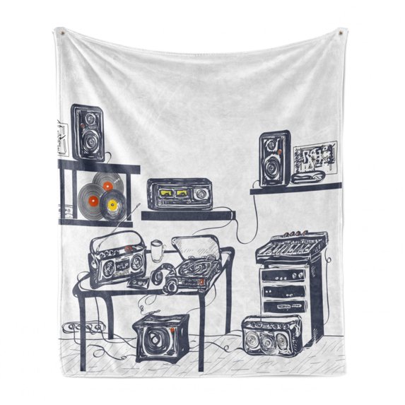 Modern Soft Flannel Fleece Throw Blanket, Recording Studio Music Devices Turntable Records Speakers Digital Illustration, Cozy Plush for Indoor and Outdoor Use, 50" x 60", Cadet Blue, by Ambesonne