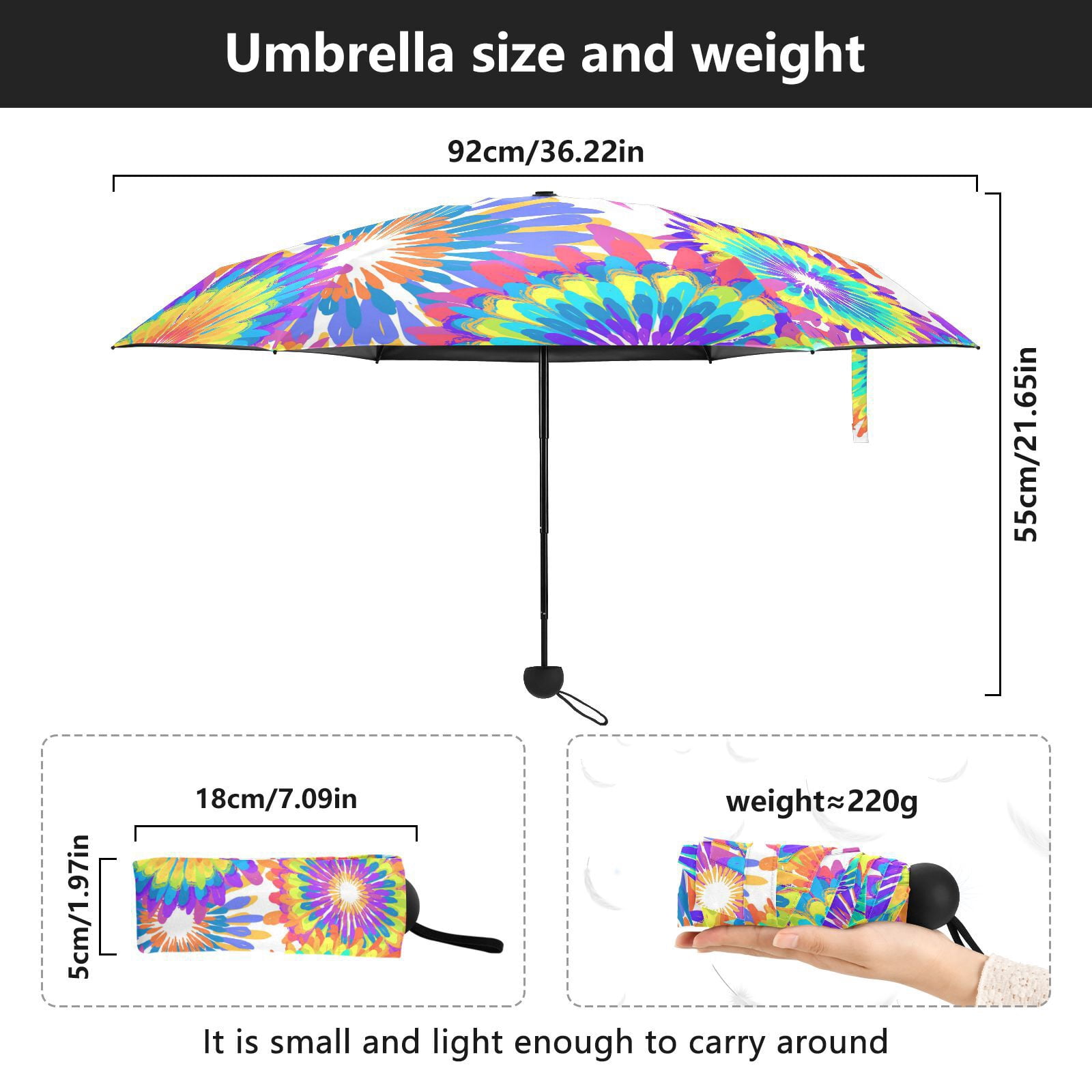 JSTEL Tie Dye Rainbow Circle Folding Umbrella for Rain Sun Travel Mini Lightweight Compact Umbrellas