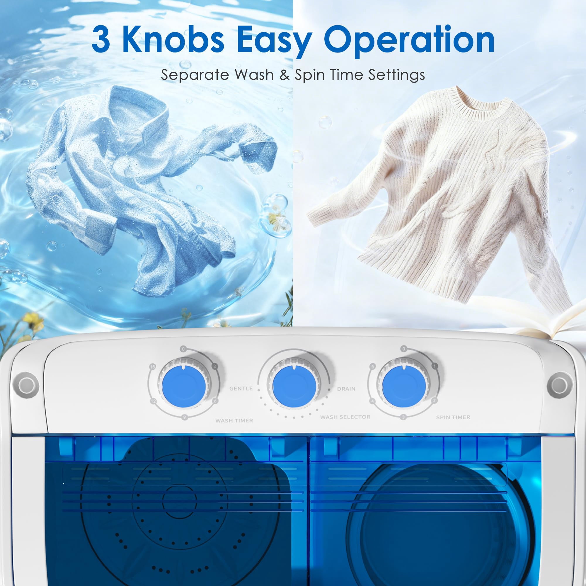 INTERGREAT Portable Washer and Dryer, 16 lbs Twin Tub Mini Laundry Machine, Compact Washer with Spin Dryer for Apartment Dorm RV Camping, Blue