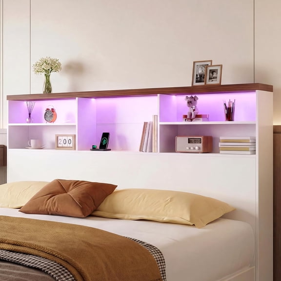 63" Queen Size Wood Bookcase Headboard with Outlet & LED Light (White) | RGB Lighting, Space-Saving, Noise-Free, Modern & Durable, Storage Headboard Only for Bedroom
