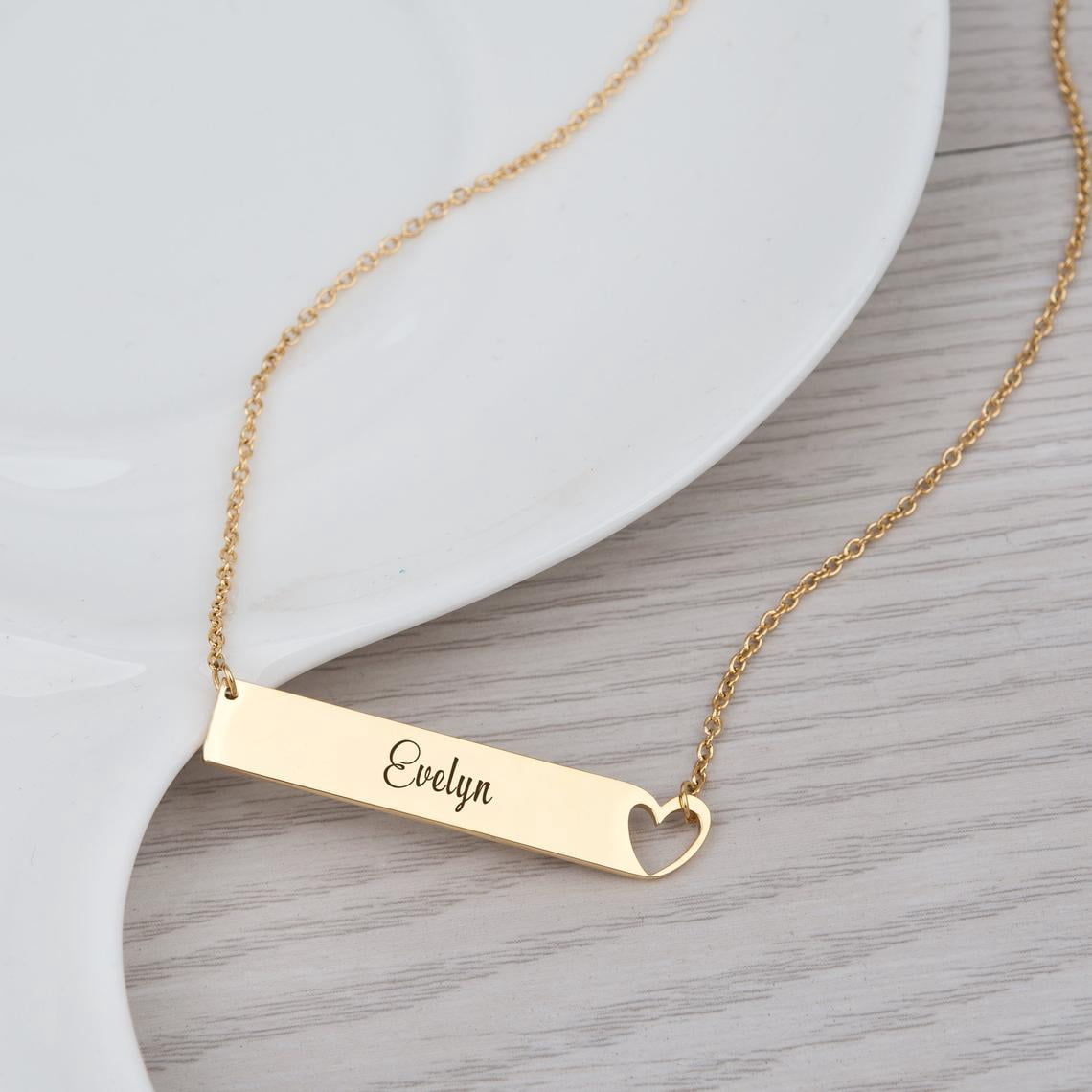 Personalized Birthday Day Gift for Wife Mom Women's Heart Bar Name Necklace Stainless Steel Gift for Girlfriend Fiancee Engravable Couples Free Gift Box Ships Next Day