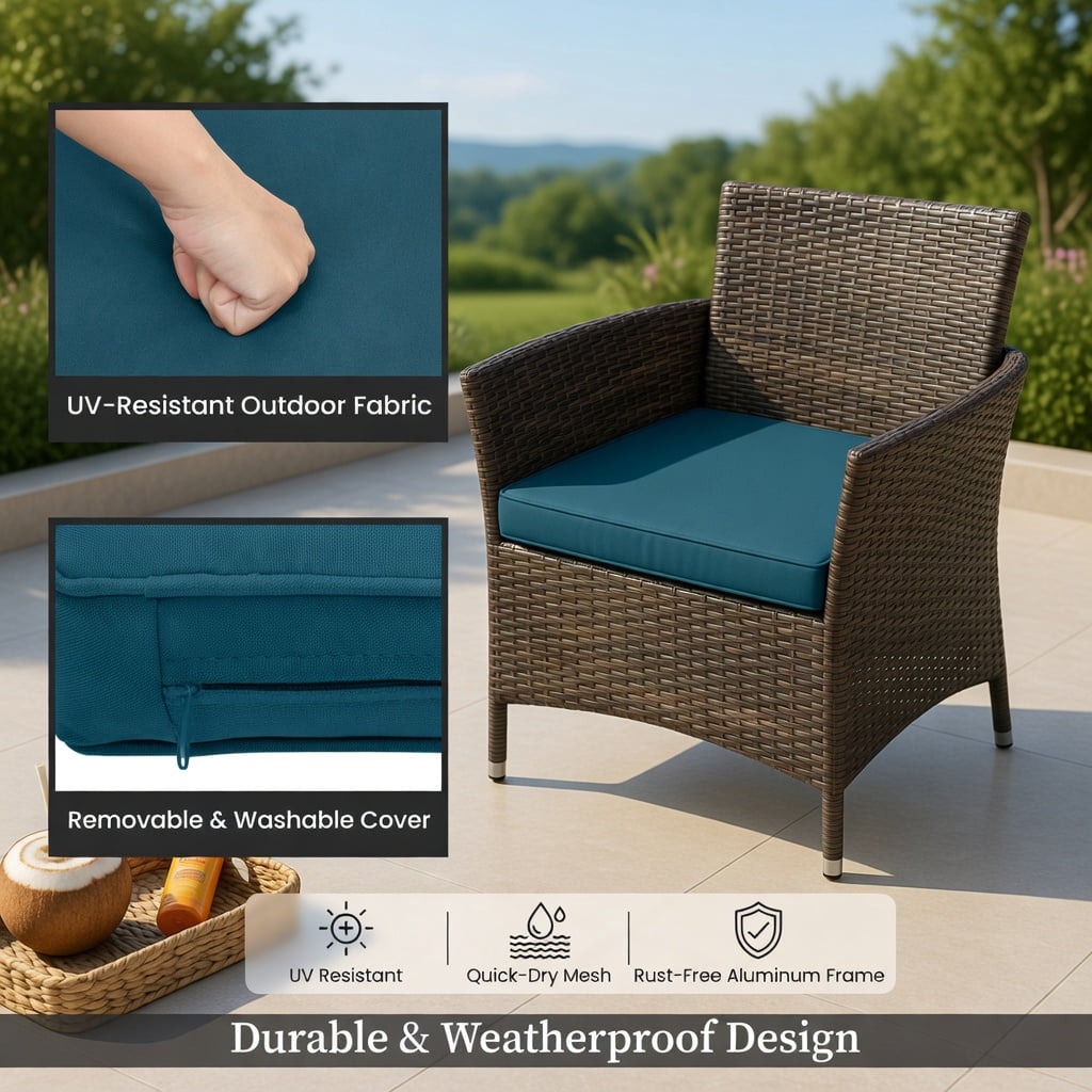 Hommoo 4-Piece Outdoor Rattan Patio Conversation Set with Plush Seat Cushions, PE Wicker, Tempered Glass Coffee Table, Peacock Blue