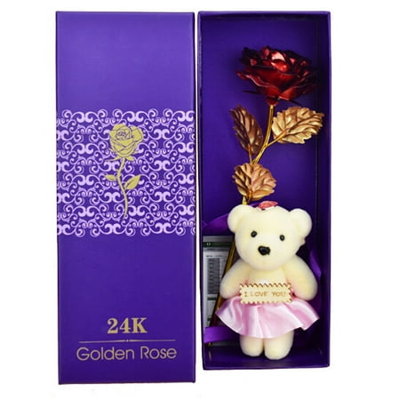 Valentines Day Box Gifts Fancyleo Bear Holding a Gold foil Rose with Gift Box, Suitable for Anniversary Birthday Mother’s Day Valentine’s Gift ()