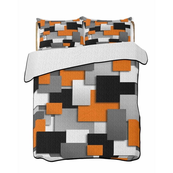 Quilts Queen Size Bedding Set, Burnt Orange Black Geometric Reversible Summer Quilt 3 Pieces, Modern Abstract Art Block Lightweight Bedspreads Coverlets with 2 Pillow Shams for All Seasons