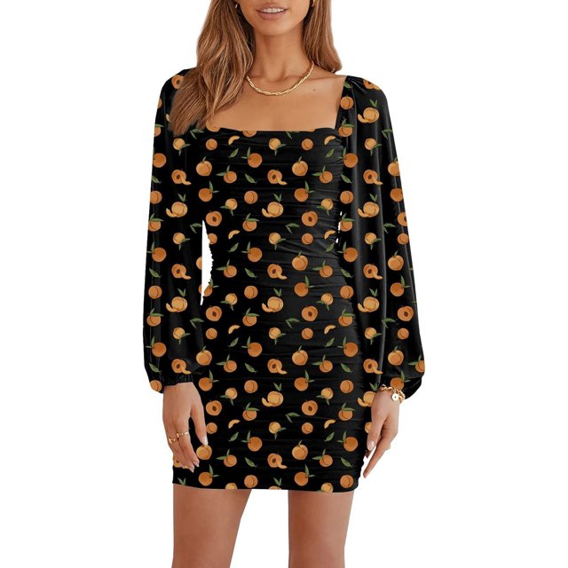HAHDAXIA Robe Courte Moulante pour Femme en Maille à Manches Longues, Encolure Carrée, Froncée, pour Fête, Boîte de Nuit, Cocktail