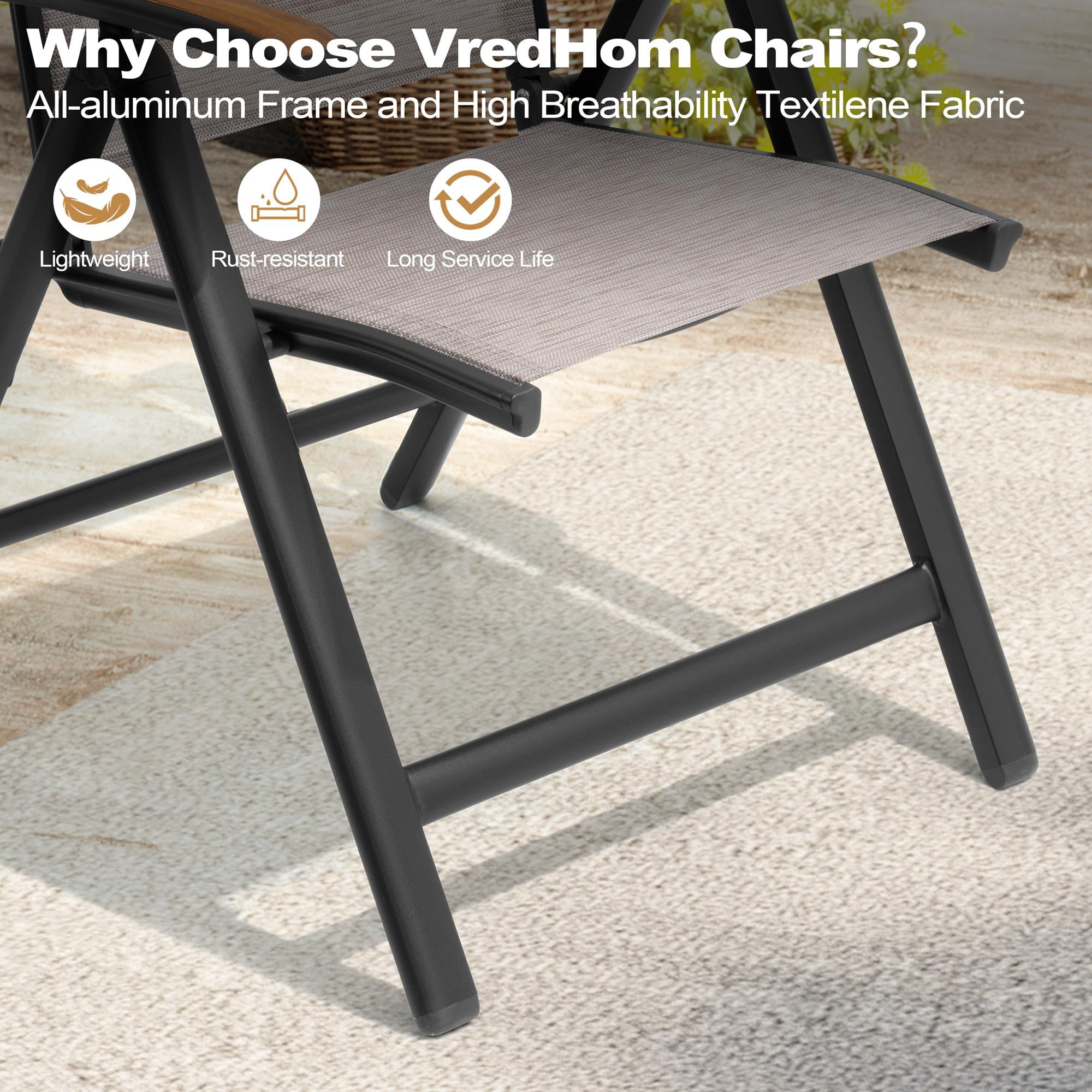Pellebant Folding Outdoor Chairs Set of 2, High Back Aluminum Patio Recliners with Teak Armrests for Outside Porch, No Assembly Required