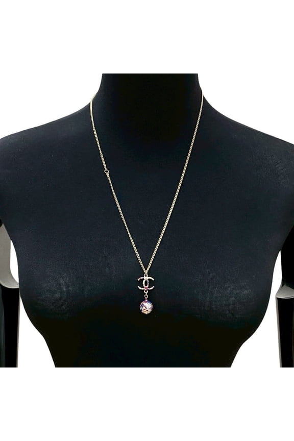 Pre-Owned CHANEL Coco Mark GP Faux Pearl Paint Chain Necklace Pendant Gold 83242 (Good)