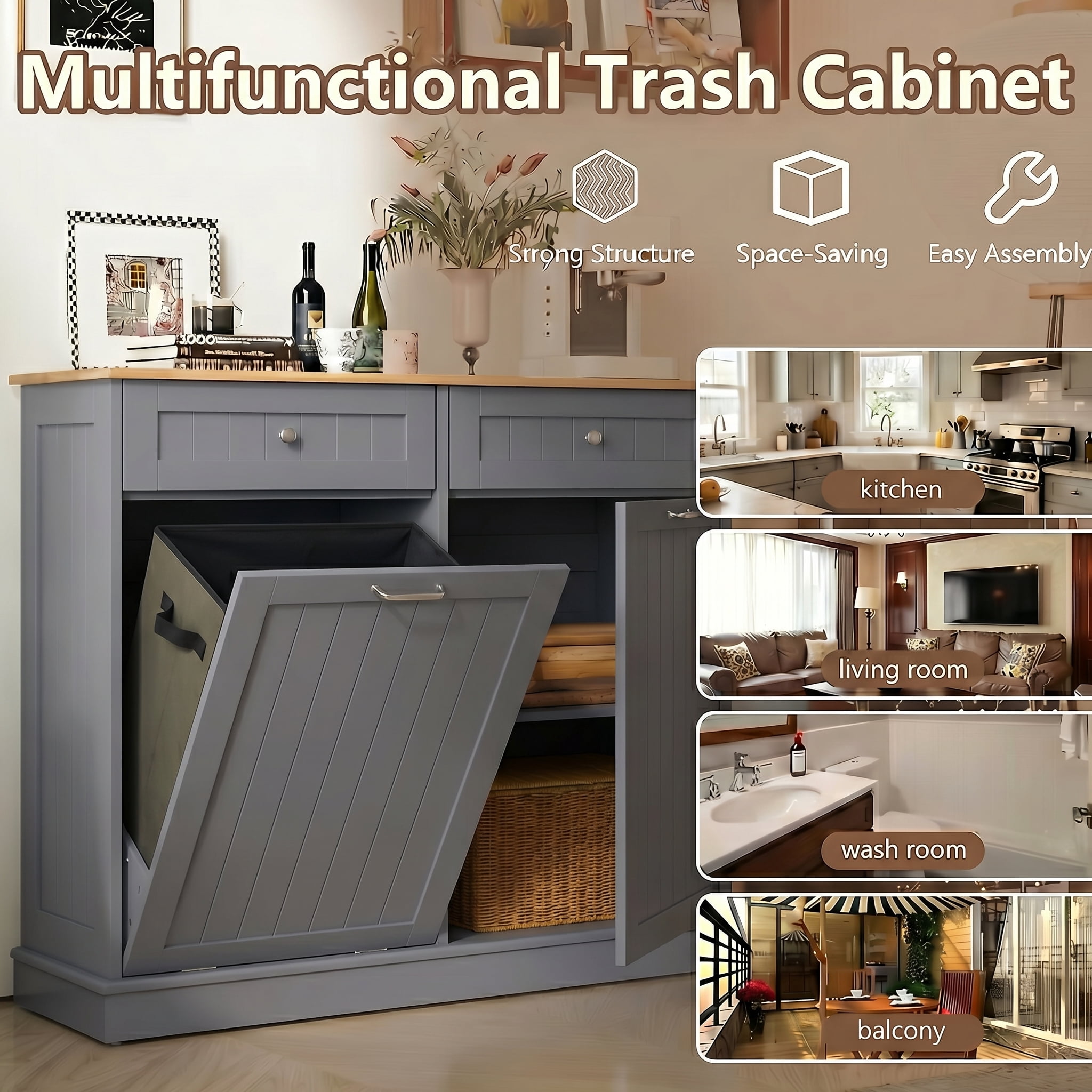 AHB 13 Gallon Single Tilt Out Trash Cabinet with Drawer and Handle, Kitchen Trash Can Storage Organizer, 39.4"L x 14"W x 38.3"H, Gray