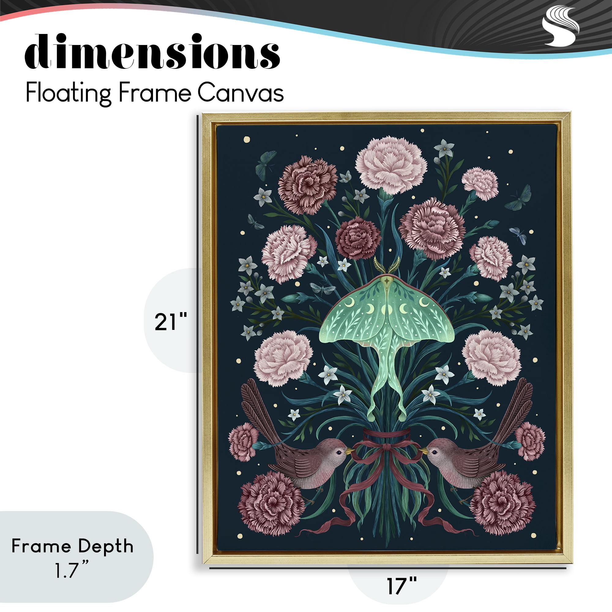 Stupell Industries January Carnations & Moth Gold Framed Floater Canvas Wall Art, design by Episodic Drawings